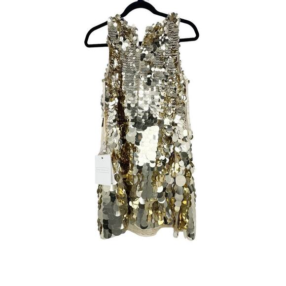 Mac Duggal Sleeveless Disc Sequin Trapeze Mini Dress Gold Size 6 NWT - Picture 6 of 12